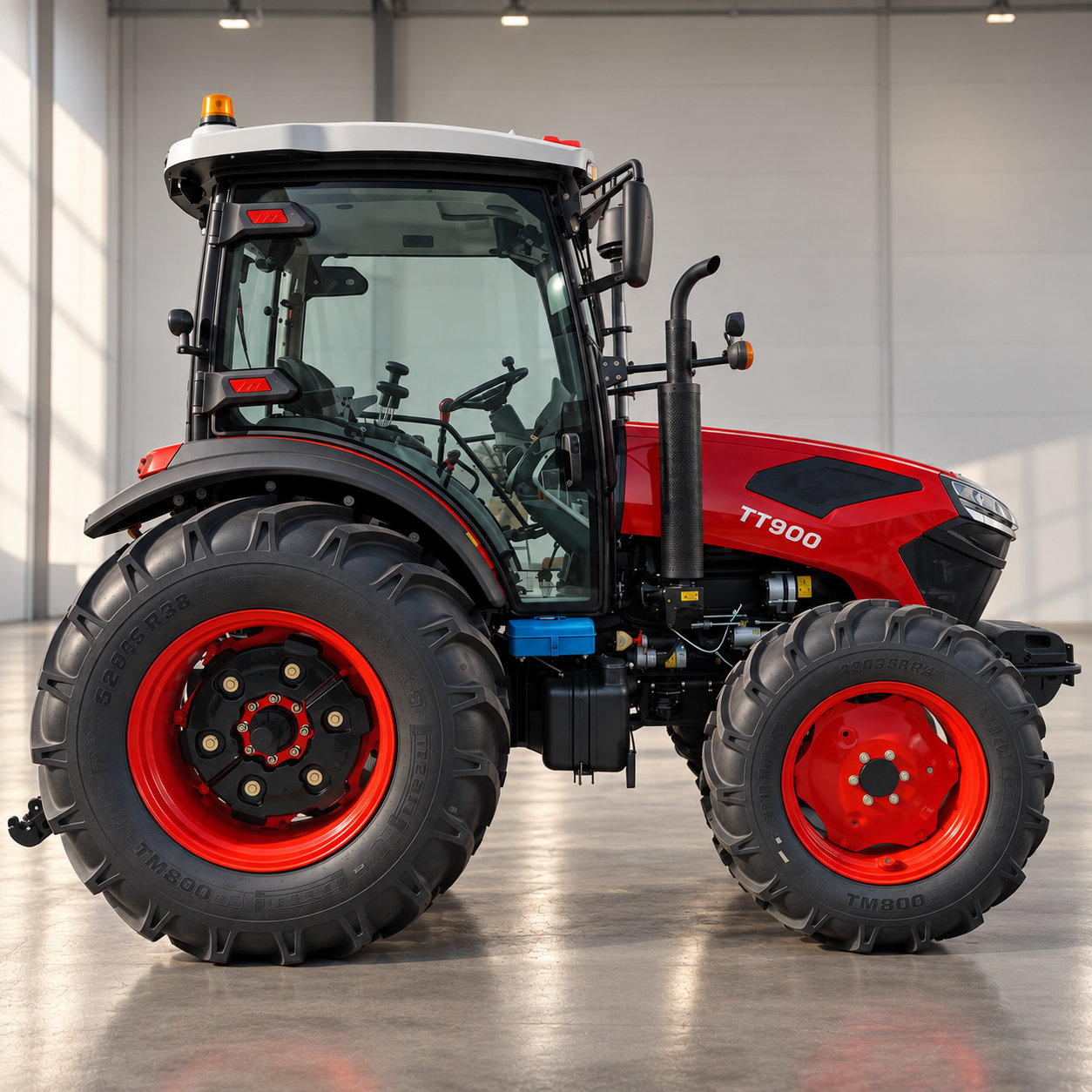 Trator agrícola DIRAMAK TT900 de perfil, com cabine fechada